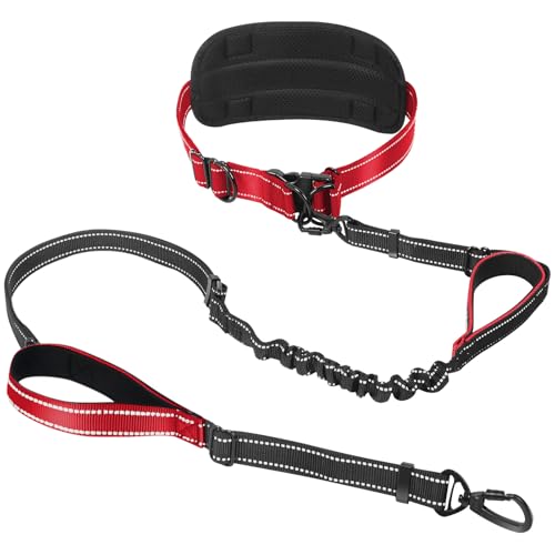 Hands Free Large Dog Leash, 6-8 FT Bungee Leash with Waist Belt for Dog Up to 150 lbs, Running Walking Jogging - color: 1 Dog – Sunset Red