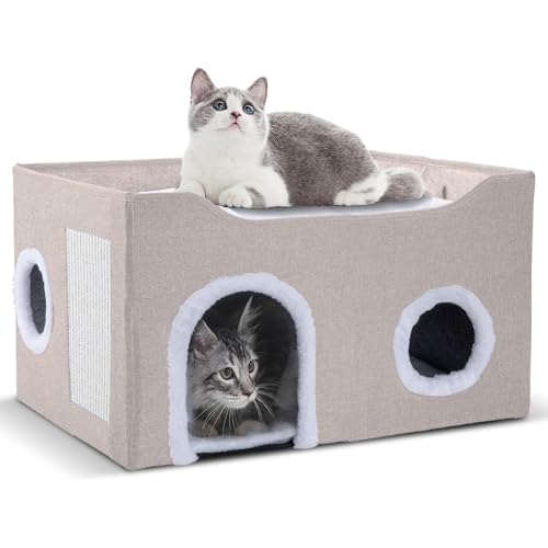 Cat House for Indoor Cats – Foldable Cat Cave & Covered Cat Bed, Cozy Hideaway for Small Pets and Large Cats (23.6"x16"x12.8"),Beige - style: Beige