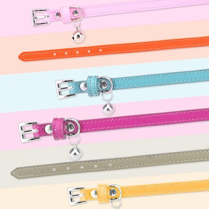 PUPTECK 2 PCS Soft Genuine Leather Cat Kitten Collar with Bells Adjustable for Girl Boy Cats Puppy - Red, Silvery - color: Red&Silvery