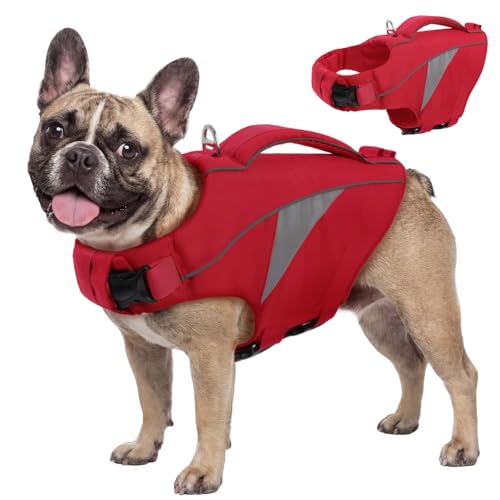 Queenmore Dog Life Jacket, Dogs Life Vest for Swimming, Dog lifejacket for Medium Dogs, Floating Doggy Jackets for Boating Kayaking, Adjustable Preserver with High Buoyancy and Rescue Handle(Red,M) - color: Red, size: Medium