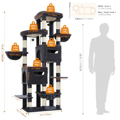 Heybly Cat Tree, 74.8-Inch Spacious & Tall Cat Tower for Large Cats, Cat Furniture with Large Top Perch, Solid Base, 2 Cat Condos, Hanging Hammock, Durable Sisal Scratching Posts, Smoky Gray HCT062G - color: Smoky Gray