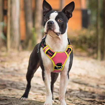 rabbitgoo Dog Harness Small Sized, No Pull Dog Vest with 3 Buckles, Adjustable Soft Padded Pet Harness with Easy Control Handle and Reflective Strips, Pink & Yellow, S - color: Pink & Yellow, size: Small