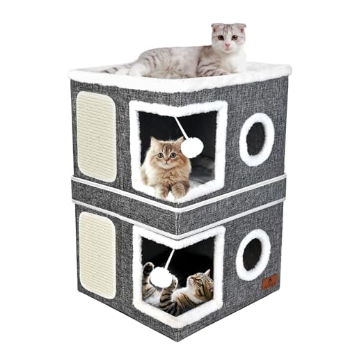 2-Story Cat House for Indoor Cats, Dual-Purpose Cave Bed with Scratch Pad and Fluffy Ball, Foldable Cat Hideaway, Cute Condo Furniture for Multi Small Pet Kitten, Grey - color: Grey, size: Double
