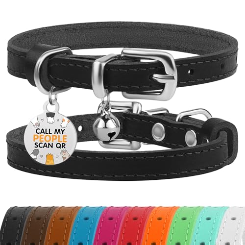 Leather Cat Collar with Removable Bells Non Breakaway Kitten QR Tag for Girl Boy (7" - 9" for Cats, Black & Silver) - color: Black & Silver, size: 7 - 9 inch