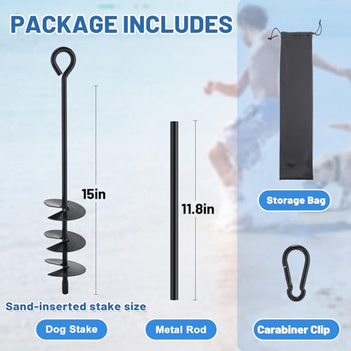 Beach Dog Tie Out Stake for Dogs Up to 250 lbs - Heavy Duty Dog Camping Yard Park Essentials Accessories for All Cable Leash Chain