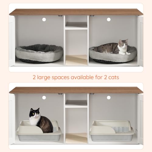 HOOBRO Double Litter Box Enclosure, Modern Cat Litter Box Furniture with Storage and Mat Design, Farmhouse Hidden Litter Box Enclosure with 2 Hooks, White and Walnut WH23MW01 - color: White + Walnut