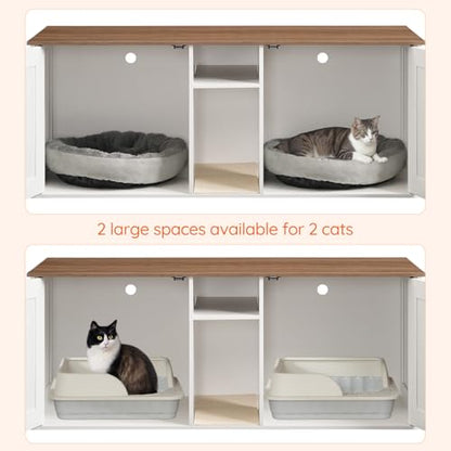 HOOBRO Double Litter Box Enclosure, Modern Cat Litter Box Furniture with Storage and Mat Design, Farmhouse Hidden Litter Box Enclosure with 2 Hooks, White and Walnut WH23MW01 - color: White + Walnut