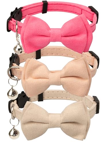Cat Collar with Bow Tie Bell Breakaway Kitten Small Pet Safety Solid Wedding Basic Pure Color Suede Soft Adjustable [3pcs] Cream & Pink & Rose Red - color: [3pcs] Cream & Pink & Rose Red