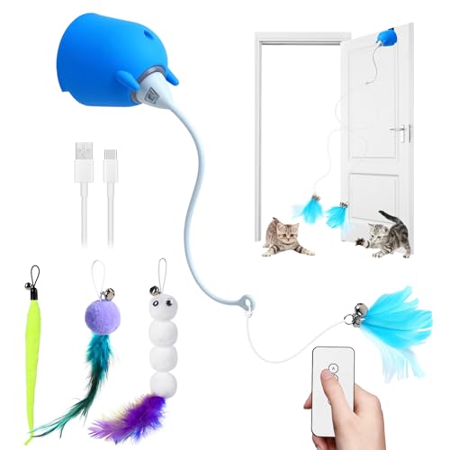 Cat Toys Interactive for Indoor Cats, Rechargeable Toy Hanging Door Electric with 4pcs Feathers Toys for Bored Kittens (Blue) - color: Blue