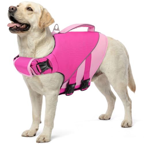 Queenmore XXL Dog Life Jacket, Dog Life Vest for Swimming Boating, Pet Swim Vest for Large Dogs, Ripstop High Visible Water Vests with Strong Rescue Handle, Pink XXL - color: Pink, size: XX-Large