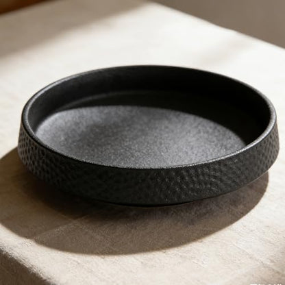 8 Inch Wide Ceramic Cat Bowl, Whisker Fatigue Relief Shallow Cat Food Bowl, Heavy Weight Non-Tip Pet Feeding Bowl, Matte Black Hammered Texture Cat Water Bowl for Cats & Small Dogs