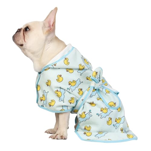 HDE Dog Bathrobe Super Absorbent Quick Drying Puppy Towel Wrap Coat Adjustable After Bath Robes with Hood for Dog Sizes S-XXL Rubber Duck Puddles M - color: Rubber Duck Puddles, size: Medium