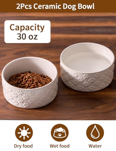 UBEE Ceramic Dog Bowl Set of 2, Dog Food Bowl Dish, Pet Food Water Dish Feeding for Small and Meidum Dogs and Large Cat, White, Paw Pattern, 6.1 in-Medium - size: 6.1 in-Medium