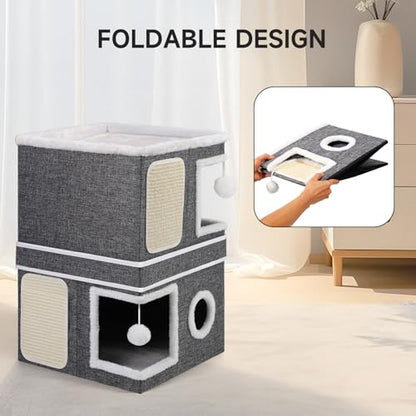 Shikha 2-Storey Cat Houses for Indoor Cats, Dual-Purpose Double Large Cat Beds Cave with Hideaway Condos, Scratch Pads, Fluffy Balls, Foldable Indoor Cat Cube House for Multi Small Pets Kitten, Grey - style: Grey