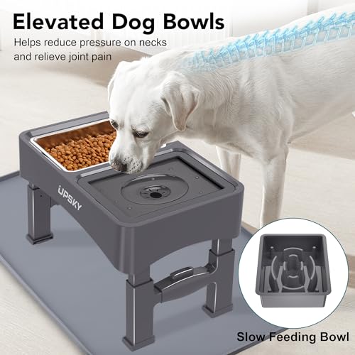UPSKY 3-in-1 Elevated Dog Bowls with Mat, Large 24 x 16 Inches, 4 Height Adjustable Stand with Slow Feeder, Stainless Steel Bowl for Small to Medium Dogs, Grey - color: N-3 in 1 with Mat (Grey)