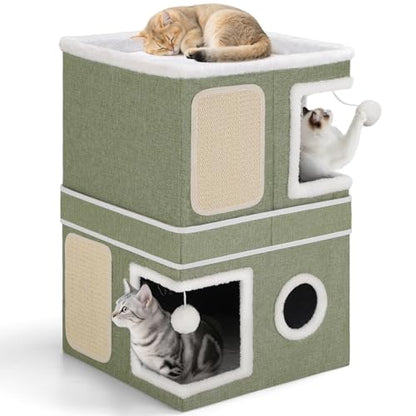 2-Storey Cat House for Indoor Cats, Separate Into 2 Large Cat Bed Cave with Hideaway Condos, Scratch Pads, Hanging Balls, Foldable Indoor Cat House, Cat Cube for Multiple Cats Kitten, Green - style: Green
