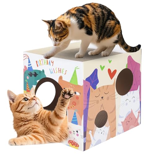 Cardboard Cat House with Scratch Pads, Durable 2-Story Corrugated Cat Scratcher Playhouse with Windows, Large Hideout for Indoor Cats & Small Pets, Easy Assembly, 12.01" L × 12.01" W × 11.73" H - color: Mix Color