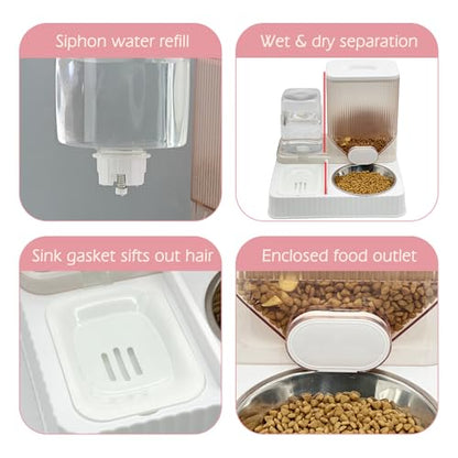 Fhiny Gravity Cat Feeder & Water Dispenser, 2 in 1 Automatic Puppy Waterer Removable Stainless Steel Food Bowls Set Self Feeding Pet Food Storage for Cat Kitten Puppy Easy Clean (White) - color: White-Metal Bowl