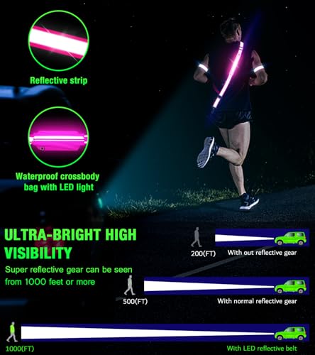 Ylzzrs LED Belt Reflective Sash for Walking at Night,High Visibility Adjustable Night Running Safety Gear,Light Up Running Belt Reflective Gear with Phone Bag/Armband for Runners Walkers Men Women - color: Pink
