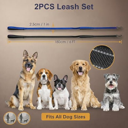 2 Pack Dual Handle Dog Leash, 6ft x 1in Heavy Duty Reflective Nylon Leash with Padded Grip, Traffic Handle, D-Ring, Tangle-Free Dog Lead for Small, Medium & Large Dogs, Safe Night Walks (Black+Blue) - color: 2PCS-Black+Blue