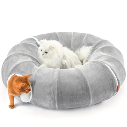 Cat Tunnel Bed for Indoor Cats 35.5 Inch XL Cat Donut Tunnels Cute Tubes Round Pet Play Tunnel Toy for Kitten Puppy Rabbit with Washable Circle Cushion Grey