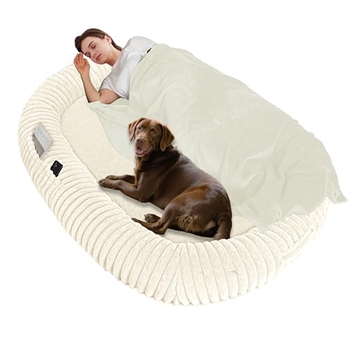 Human Dog Bed for Adult, Reversible Orthopedic Gel Memory Foam Cushion, Washable Corduroy Fleece, Plump Edge with Blanket, Storage Pocket, Strap, 71"x47.2"x9", Extra Large, Beige - color: Beige, size: 71.0"L x 47.2"W x 9.0"H