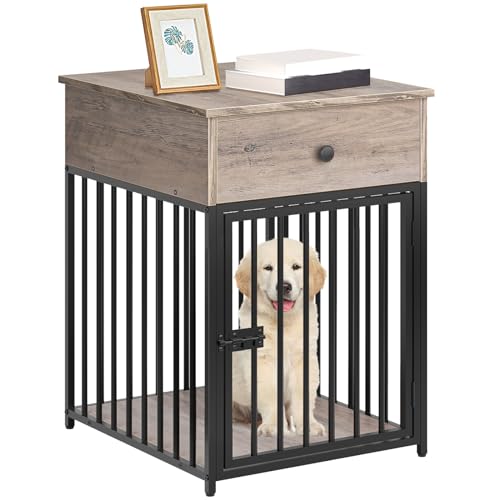 HOOBRO Dog Crate Furniture, Wooden Dog House, Decorative Dog Kennel with Drawer, Indoor Pet Crate End Table for Small Dog, Steel-Tube Puppy Cage, Chew-Proof, Greige BG01GW03 - color: Greige