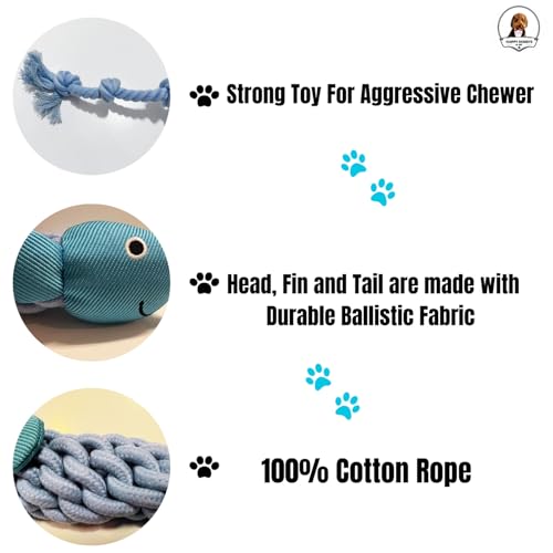 Fish Dog Toy with Rope - Fun for Some Small, Medium, and Large Breeds - Squeaky Playtime by HappyDoggys