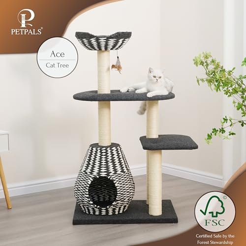 PetPals Ace 4-Level Multi-Activity Cat Tree with Handwoven Recycled Paper Rope Condo and Top Nest Bed, Replaceable Sisal Scratching Posts, Feather Teaser Toy, Black & White - color: Black and white