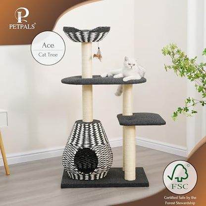 PetPals Ace 4-Level Multi-Activity Cat Tree with Handwoven Recycled Paper Rope Condo and Top Nest Bed, Replaceable Sisal Scratching Posts, Feather Teaser Toy, Black & White - color: Black and white