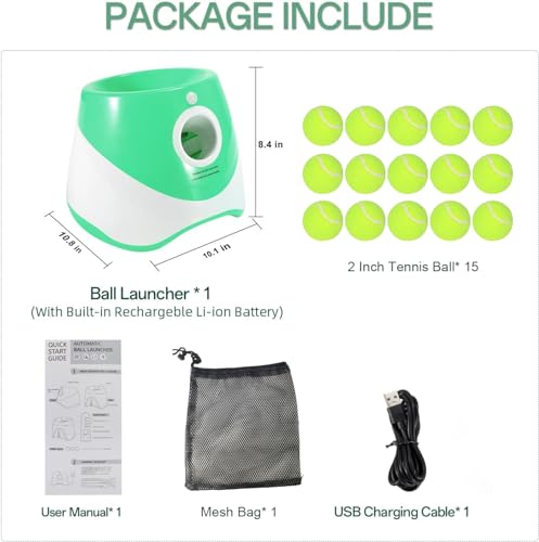 MEKAPLE Automatic Dog Ball Launcher, Dog Ball Thrower with 15 Mini Tennis Balls Sizing 2 Inch and Mesh Bag, Interactive Dog Toys Tennis Ball Launcher for Small Dogs with 3 Distance Settings - color: Green