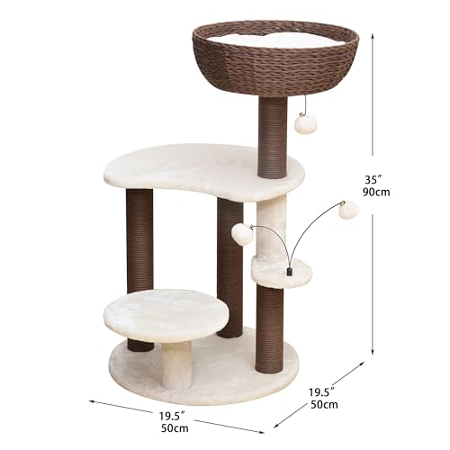 PetPals 5-Level 35" Cat Tree Tower with Paper Handwoven Basket Bed,Multi-Level Climbing Activity Tower with Replaceable Paper Rope Scratching Posts (Cream and Brown) - color: Cream and Brown