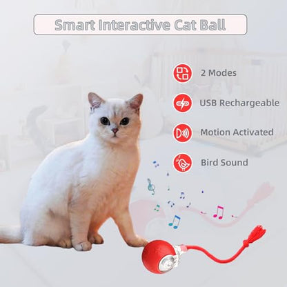 2-in-1 Automatic Moving Ball Cat Toy with Teaser Wand - Interactive Self-Moving Toy with Bird Sounds & LED Lights, Rechargeable Motorized Play for Indoor Cats to Chase, Exercise(Blue) - color: B -Blue