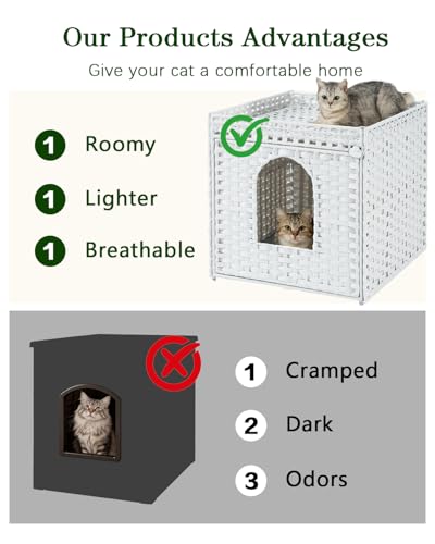SETVSON Cat Litter Box Enclosure Furniture, Large Hidden Litter Box Furniture, Handwoven Rattan Cat House Cabinet, One Mat, Two S-Shaped Hooks, Living Room, Apartment 21.6 X 26 X 21.6 Inches, White - color: White, size: XL