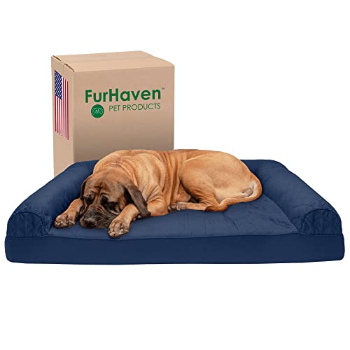 Furhaven Cooling Gel Dog Bed for Large Dogs w/ Removable Bolsters & Washable Cover, For Dogs Up to 125 lbs - Quilted Sofa - Navy (Blue), Jumbo Plus/XXL - color: Navy Blue, size: Jumbo Plus