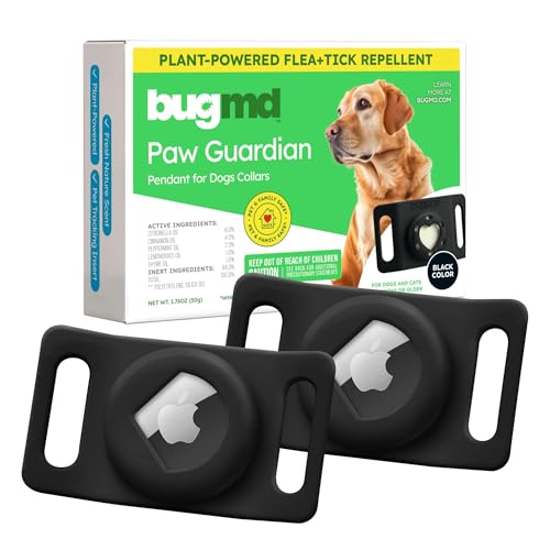BugMD Paw Guardian Flea & Tick Pendant (2-Pack) with AirTag Holder – Plant-Based Flea & Tick Prevention for Dogs – Pet Collar Tag & GPS Tracker Holder for Dogs – Black - color: Black, size: 2 Pack