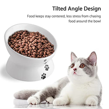 Cat Food Bowls, 10 OZ Elevated Cat Bowls for Cats and Small Dogs, Tilted Pet Feeder Bowl with Raised Stand Protect Cat's Spine, Ceramic Cat Water Bowl No-Spill, Stress Free Cat Dish 1pcs - color: White*1
