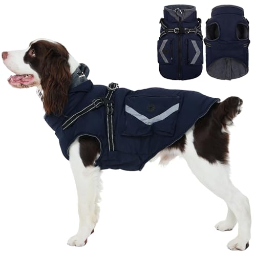 FUAMEY Dog Coat Zipper on Back, Fleece Lined Dogs Jacket for Winter with Harness Built-in, Insulated Clothes Large Doggy Cold Weather Outfits with Pop Bag Pockets, Jack Russell (Dark Blue, L) - color: Navy, size: Large