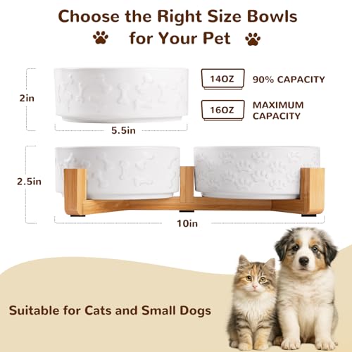 Dog Bowls Set with Wood Stand & Mat Waterproof, 1.5 Cups Ceramic Dog Bowls Elevated for Small Dogs, Dual Food and Water Bowls with Weighted Non-Slip Base 13.5 OZ - size: S-1.5 Cups