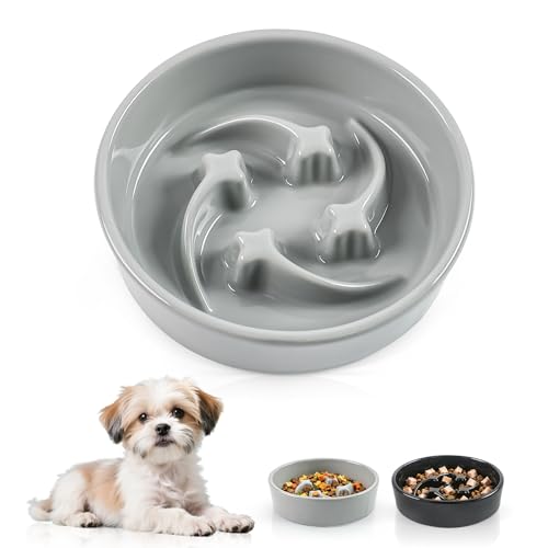 Ceramic Slow Feeder Dog Bowls, 1 Cups Dog Food Dish for Small and Medium Breed, Puzzle Dog Food Bowl for Fast Eater, 15OZ, 6.3 inch(Grey) - color: Grey-M