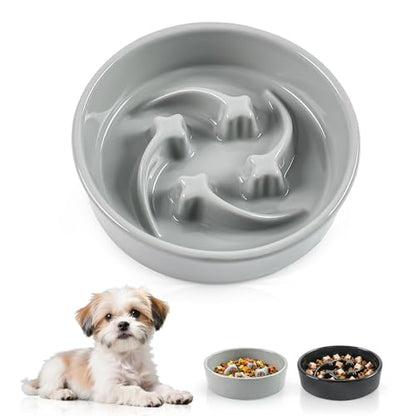 Ceramic Slow Feeder Dog Bowls, 1 Cups Dog Food Dish for Small and Medium Breed, Puzzle Dog Food Bowl for Fast Eater, 15OZ, 6.3 inch(Grey) - color: Grey-M