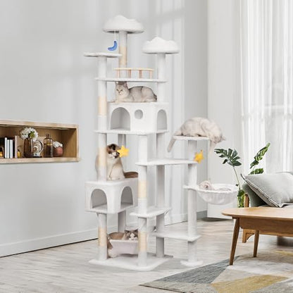 Meecal 79in Tall Cat Tower for Heavy Duty Big Cats, Large Cat Tree with Scratching Post, Plush Perches, Cozy Cat Condos & Hanging Hammocks for Maine Coon, White - color: White