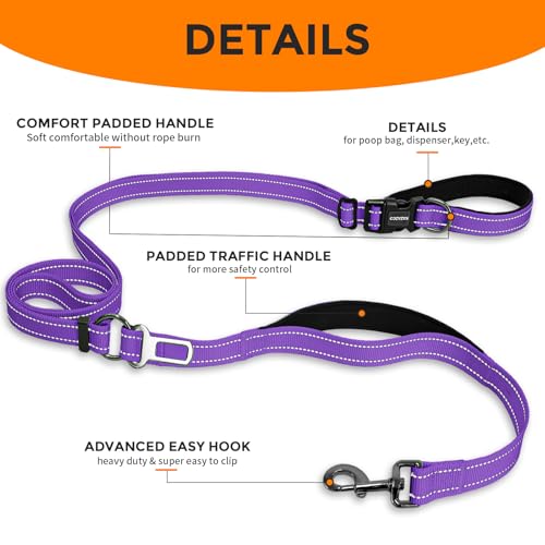 Hands Free Dog Leash by Kazazoo, Adjustable 6-9 FT Waist & Crossbody Leash with Quick Off Buckle, Reflective Stitches for Walking, Jogging,Medium to Large Dogs & Puppies Purple-L - color: Purple, size: L