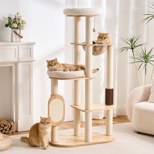 Modern Cat Tree Tower with Scratching Post for Indoor, Solid Wood Multifunctional Cat Tree Tower with Soft Bed, Space Capsule, Sisal Scratching Board, Grooming Post, Dangling Ball - color: White, size: 60 inch