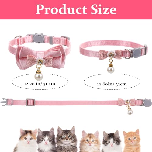 Xinjoduz 2 Pack Pink Cotton Cat Collars for Girl Cats, Cute Pearl Bow Kitten Collar Breakaway Safety Buckle Cats Pet Collars Adjustable from 7.9 to 11.8 Inches