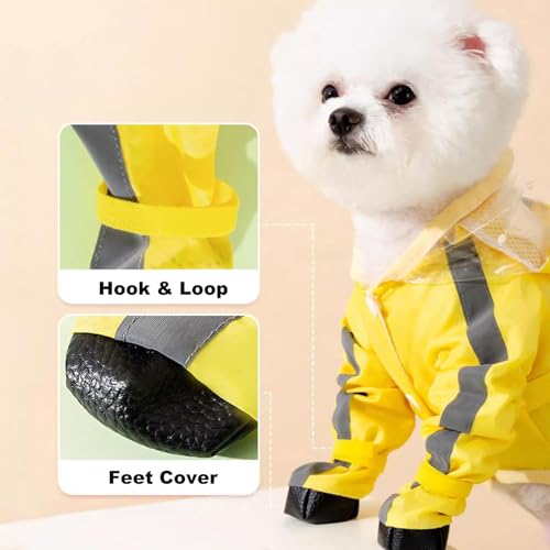 Junchl Small Dog Raincoat Rainboots with D-Ring, Full Coverage Dog Rain Jacket Slicker Poncho, Waterproof Dog Rain Jacket with Reflective Strip, Rainboot, Tail Cover Yellow Backpack M - color: Yellow Backpack, size: M:Back 12"(5-8lb)