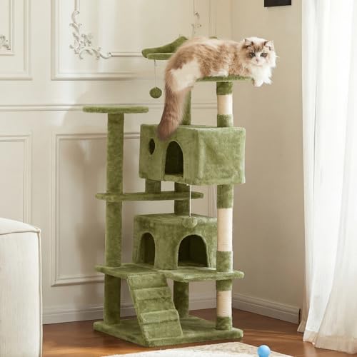 Cat Tree 54 Inch, Multi-Level Cat Tower with Condo, Perches, Sisal Scratching Posts and Climbing Ladder, Pet Play Toy Balls House for Indoor Cats, Green - color: Green, size: 54IN