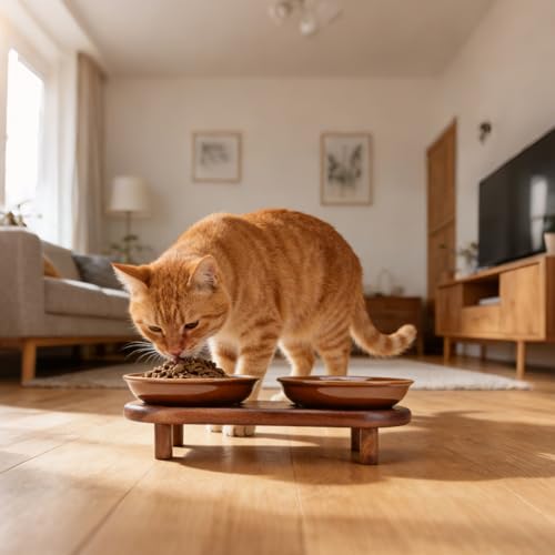 SPUNKYJUNKY Shallow Elevated Cat Bowl with Acacia Wood Stand Wide Raised Ceramic Cat Dishes Whisker Friendly Pet Food and Water Plates (Striped Pattern, Brown) - color: Brown