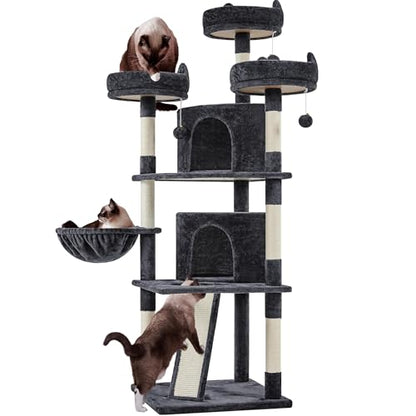 Yaheetech 68.5in Cat Tree for Large Cats, Multi-Level Cat Tower with 3 Wide Perches, Large Condo, Stable Pet Play House w/Sisal-Covered Scratching Posts & Board, Black - color: Black, size: 68.5in
