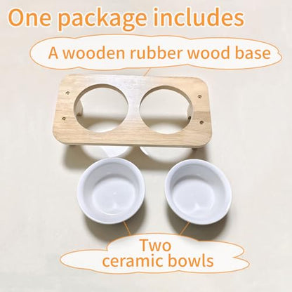 Raised Cat Food Bowls with 15° Tilt & Wood Base – Cat Food and Water Bowl Set, Upgraded Anti-Vomit Feeder Station with 2 Ceramic Dishes for Your Kitten or Puppy, Dishwasher Safe